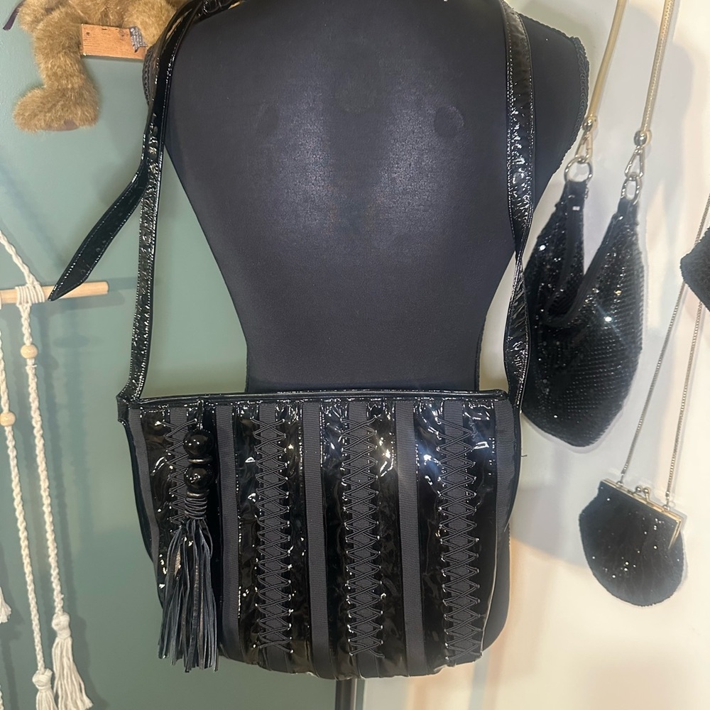 90s Vintage Sharif Black Leather Corset Crossbody Bag Made in USA